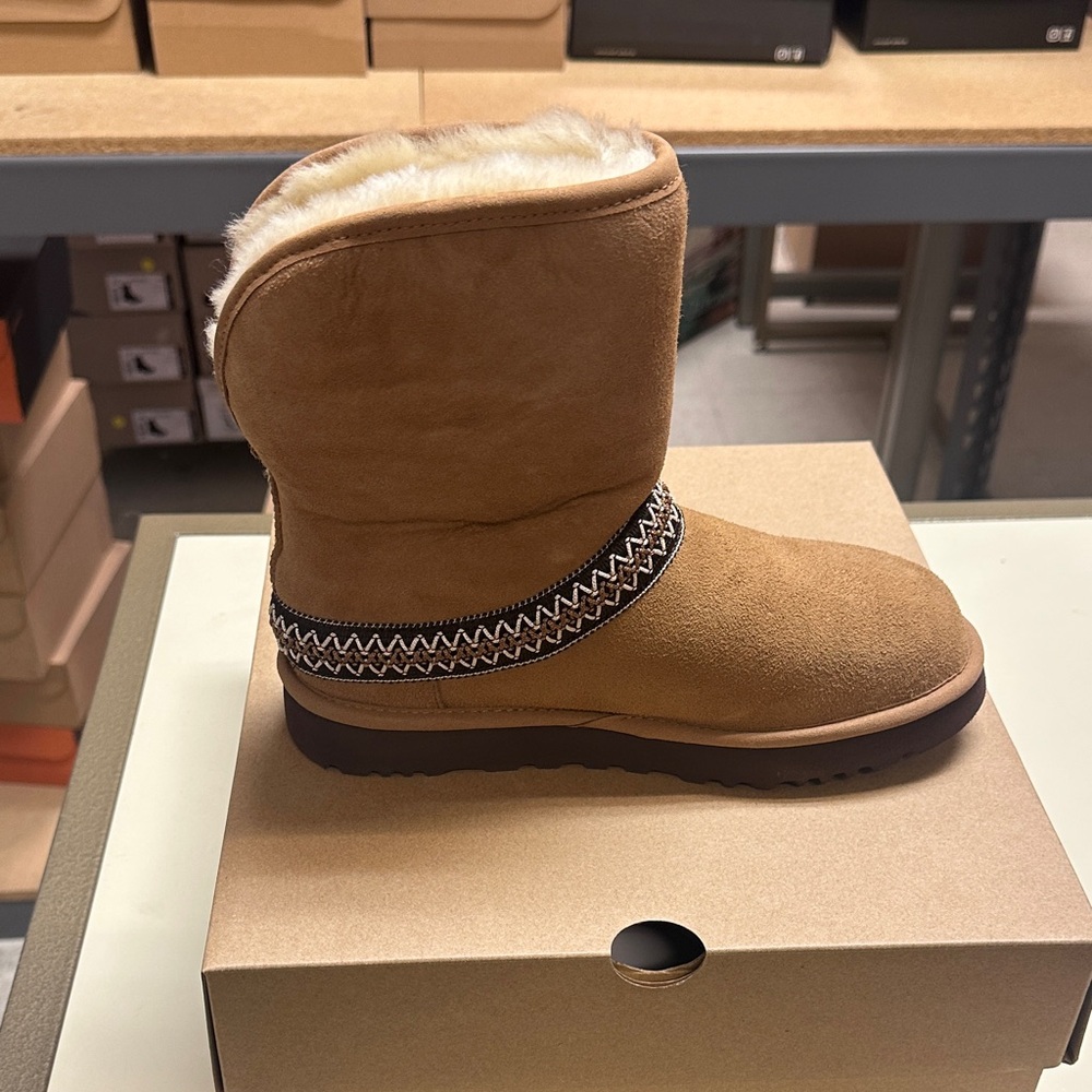 UGG Women’s Classic Short Crescent Chestnut Suede Boots with Shearling Lining - Picture 3 of 13